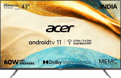 Acer 109 cm (43 inch) Ultra HD (4K) LED Smart Android TV with Android 11, Dolby Vision-Atmos, 60W HiFi Speakers  (AR43AR2851UDPRO)