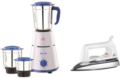 BAJAJ Pluto with 750 Dry Iron Combo Pack 500 W Mixer Grinder with Iron (3 Jars, White, Blue)